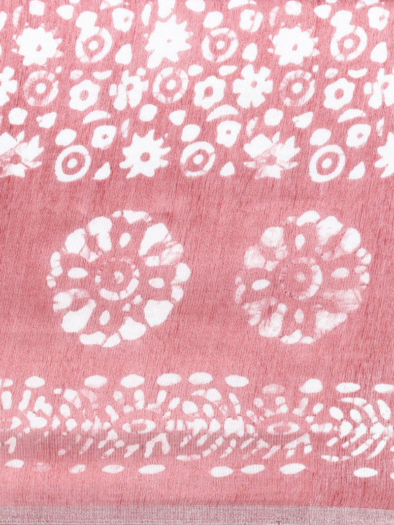Womens Semi Linen Flower Digital Print Pink & White Saree SL66