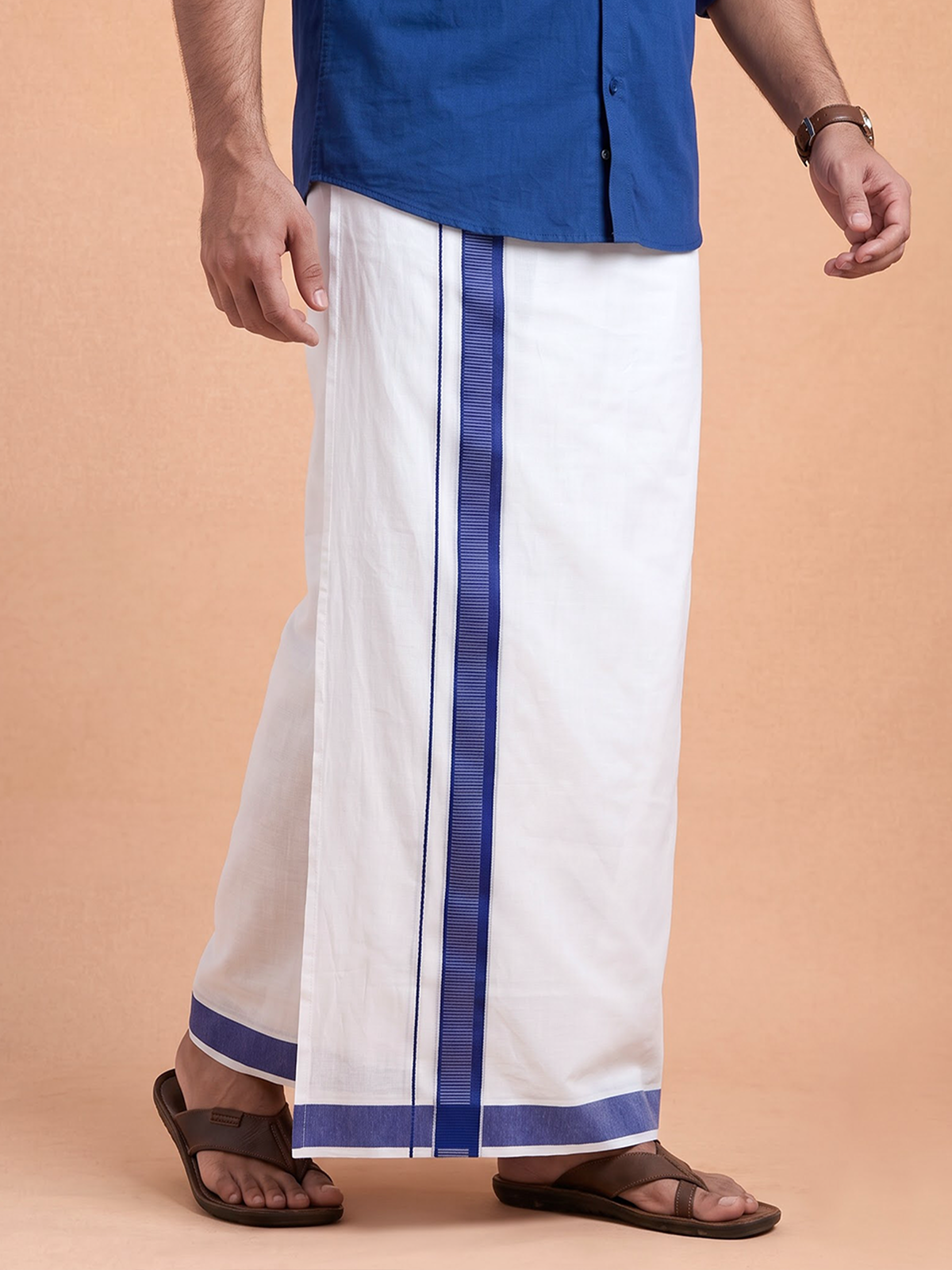 Double Layer Cotton White Dhoti with Colour Jari Border - RFF03