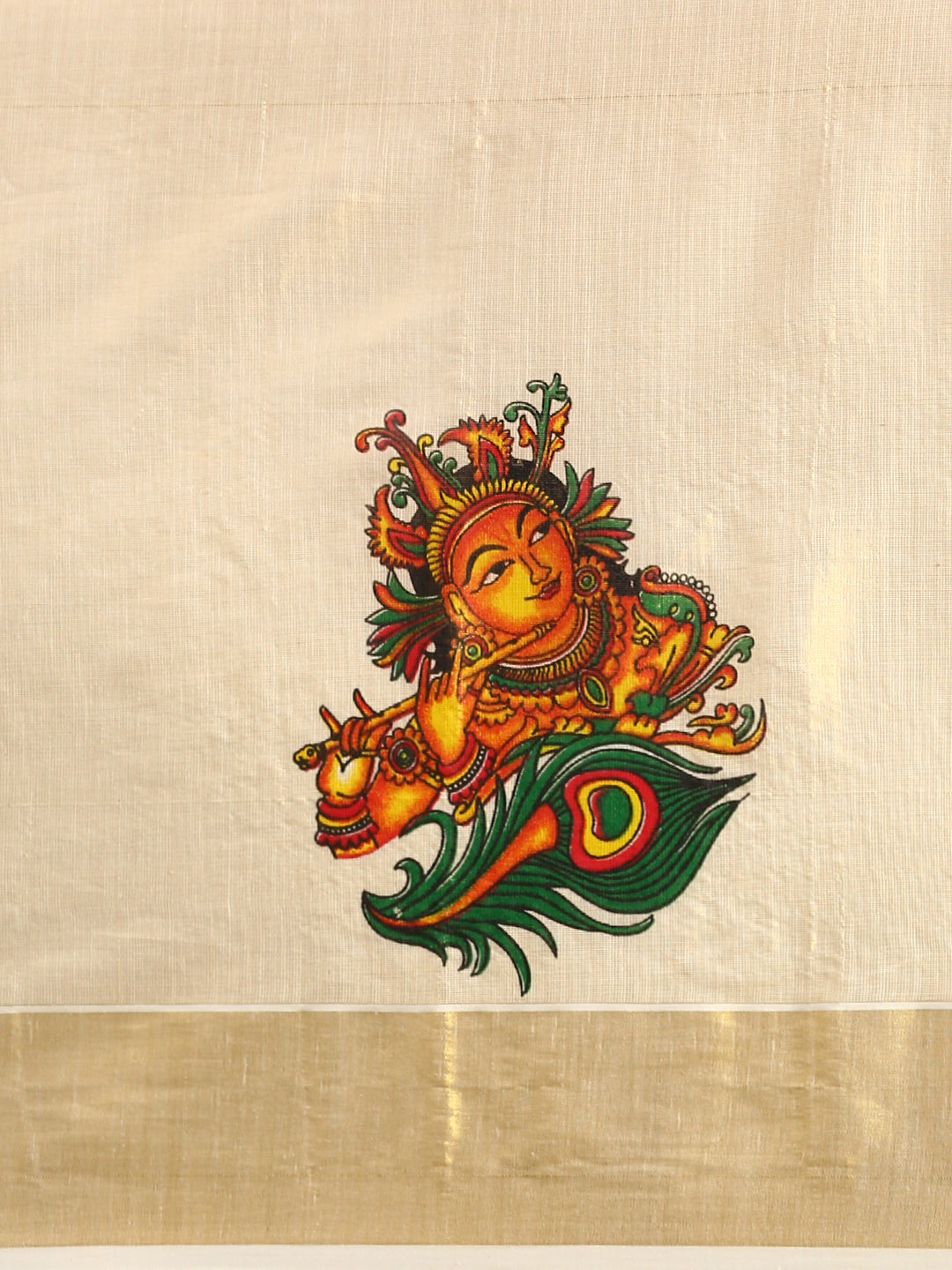 Womens Kerala Tissue Krishna with Flute Printed Gold Jari Border Saree OKS37-Zoom view