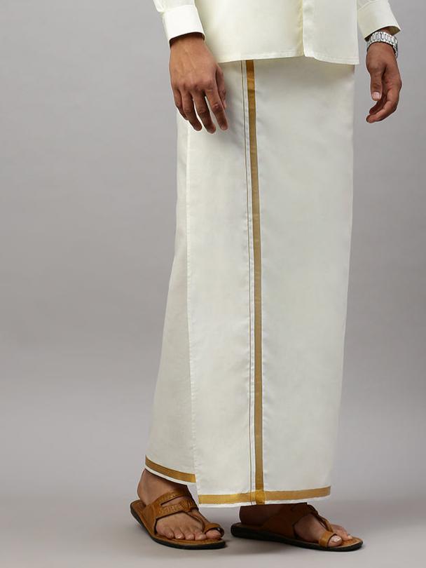 Men 100% Cotton Single Cream Dhoti with Gold Jari Border 3/4" Galaxy 190J