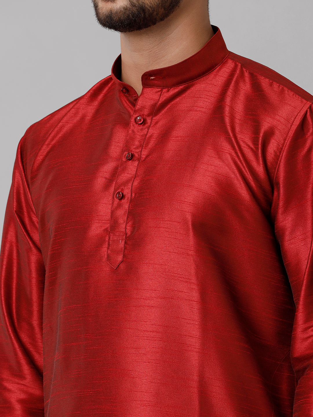 Mens Polyster Red Medium Length Kurta with Art Silk Panchakacham Towel Combo SL06-Zoom view