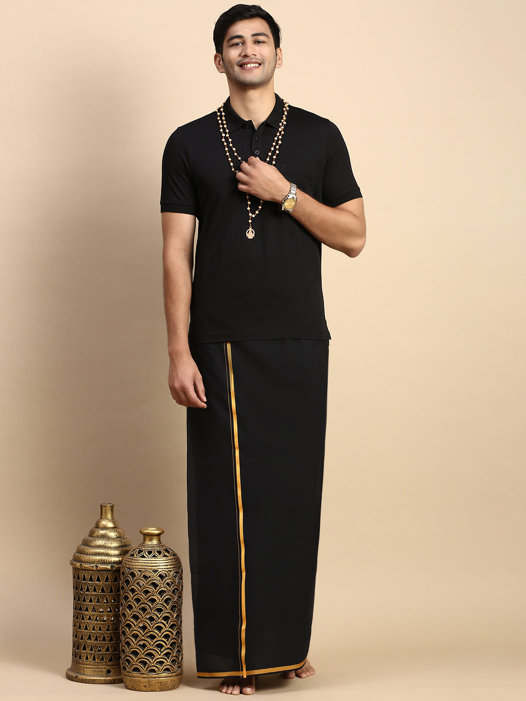 Men Devotional Big Border Dhoti & TShirt Set Black EPD14