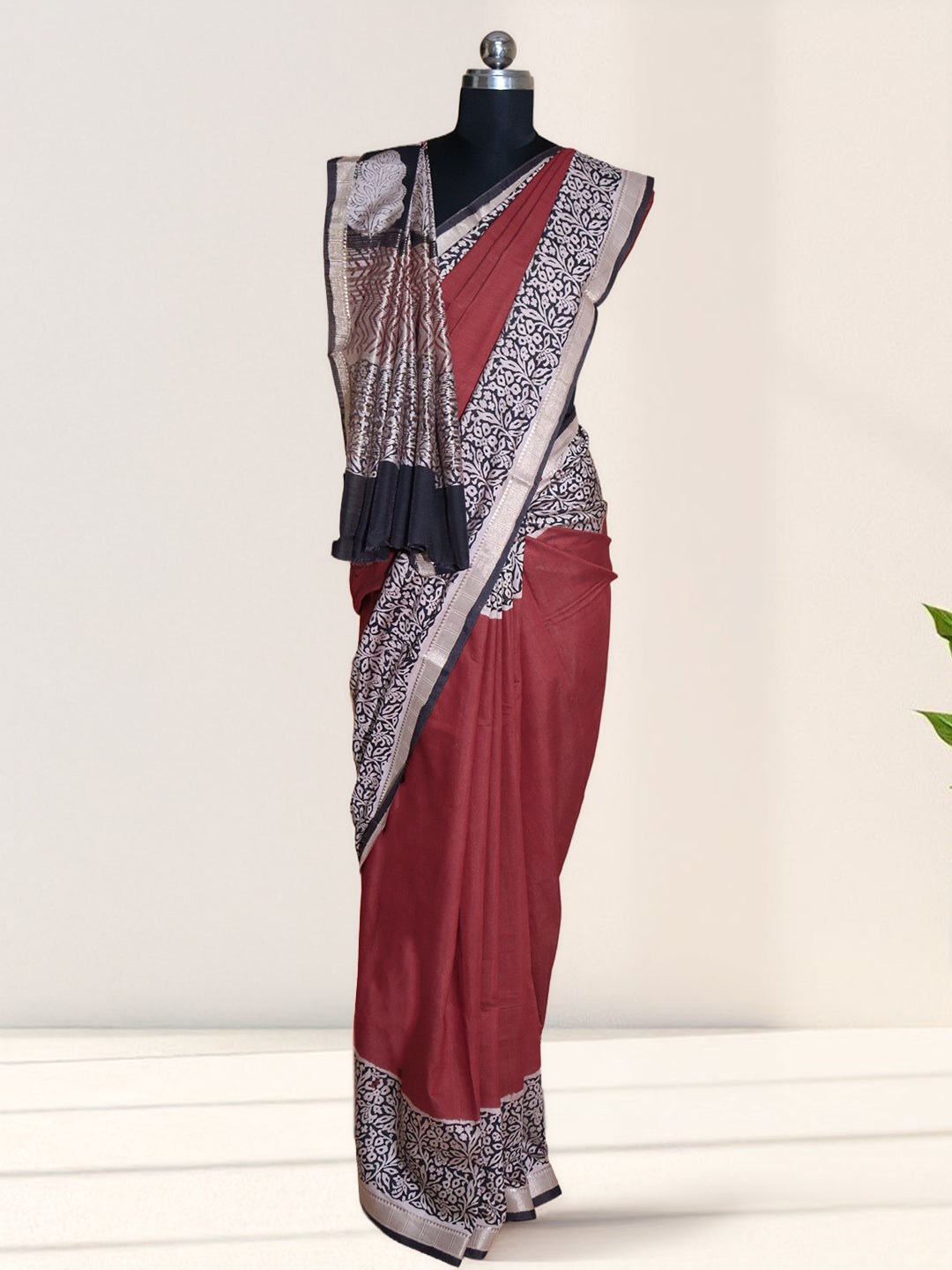 Women Maroon Semi Chanderi Cotton Printed Saree SC77