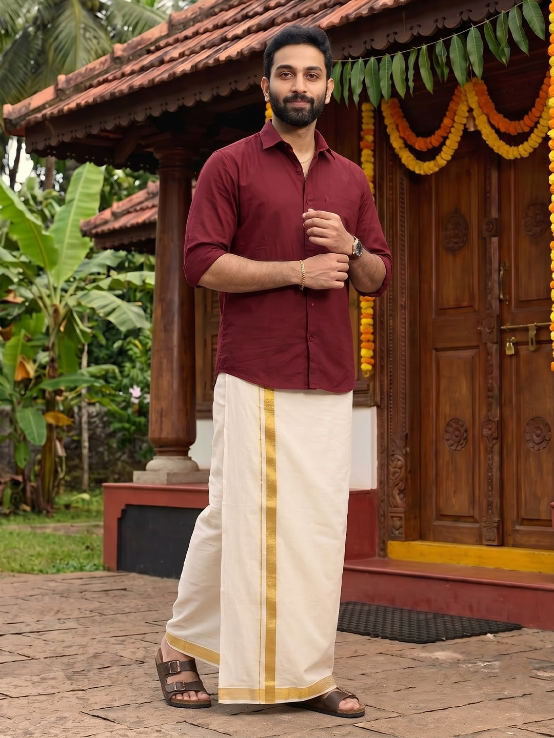 Double Layer 100% Cotton Cream Kora Dhoti with Gold Jari Border