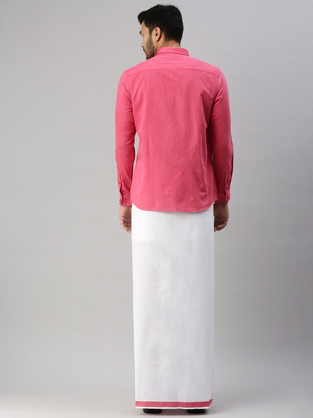 Mens Pink Matching Border Dhoti & Full Sleeves Shirt Set Evolution IC2-Back view