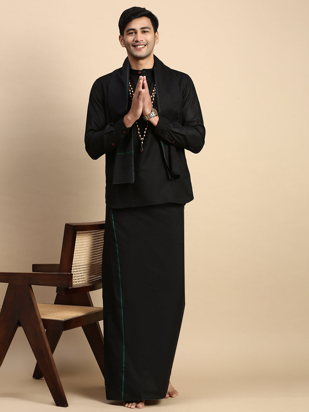 Men Devotional Small Border Dhoti with Towel & Kurta Set Black KP6