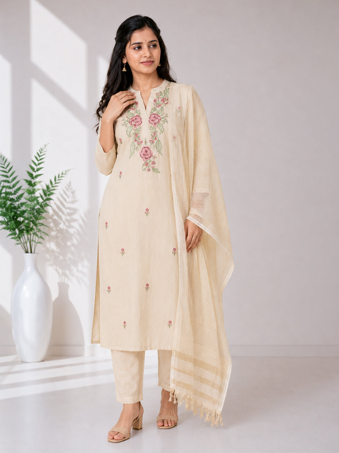 Women Cotton Embroidered Sandal Kurti Set EKS133