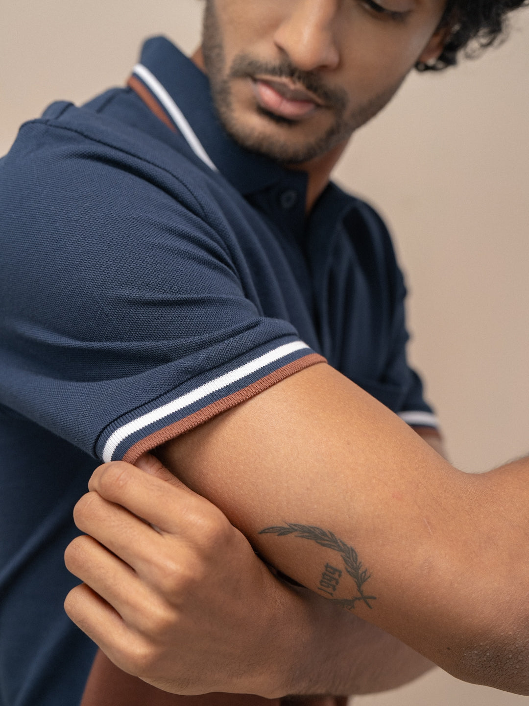 Men Smart Fit Engineered Polo T-Shirt Navy with Brown EN19