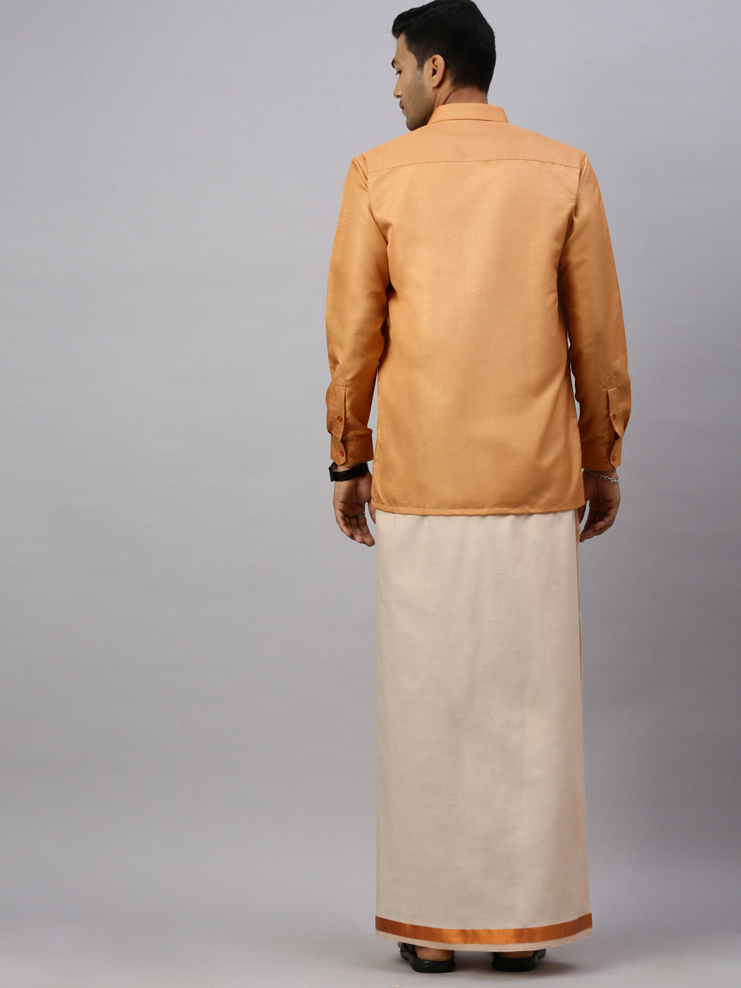 Mens Rich Cotton Copper Colour Full Sleeves Shirt with  Matching Jari Border Tissue Dhoti Set Glossy
