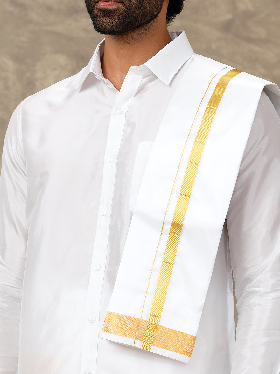 Men Silk White with 1 1/2" inch Dhoti Shirt & Towel Set Subha Vaibhavaa