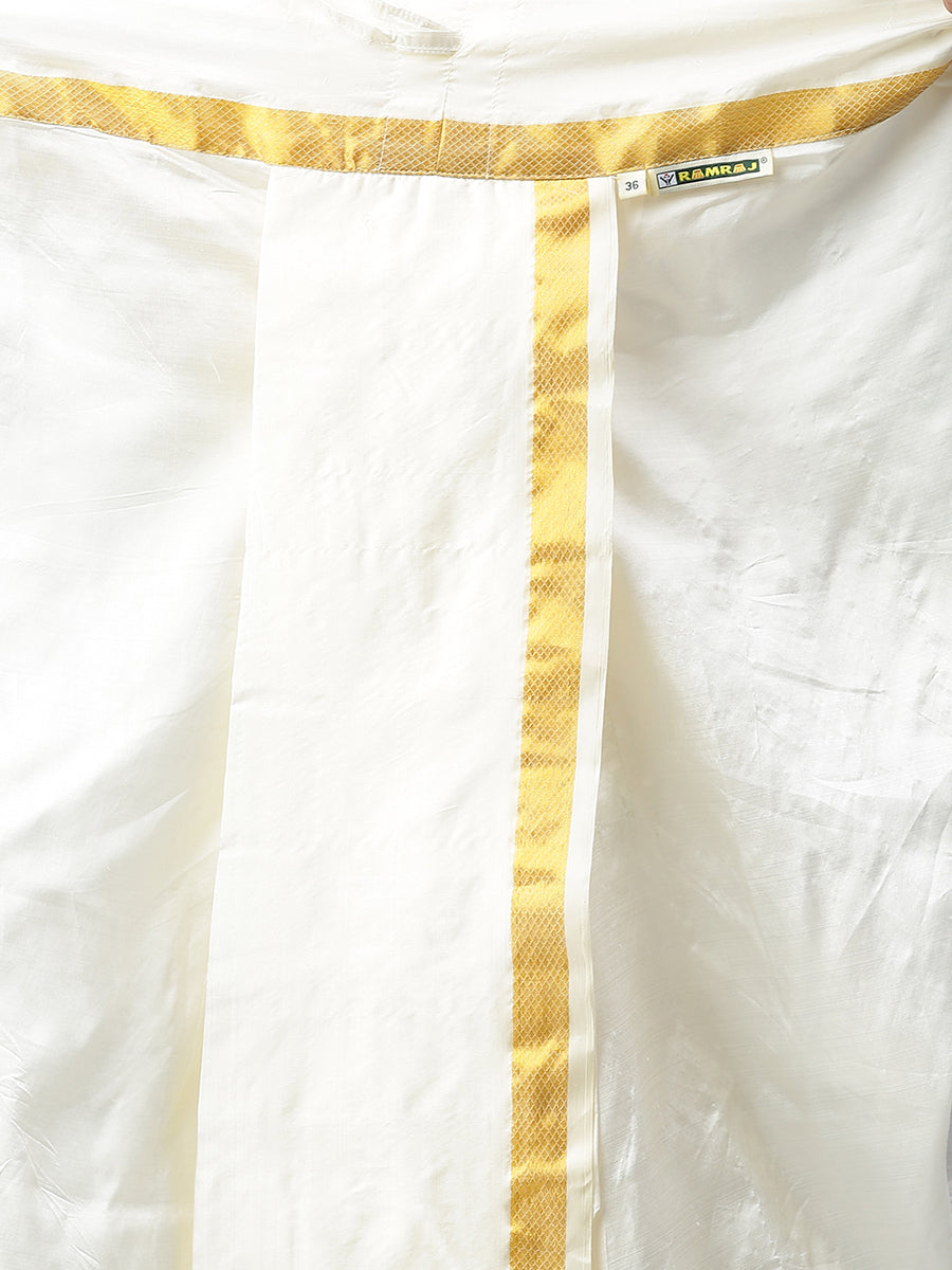 Men Silk Cream with Gold Jari Border Readymade Panchakacham & Towel Set 60K