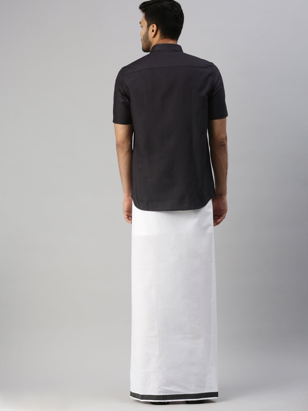 Mens Black Matching Border Dhoti & Half Sleeves Shirt Set Evolution IC10-Back view