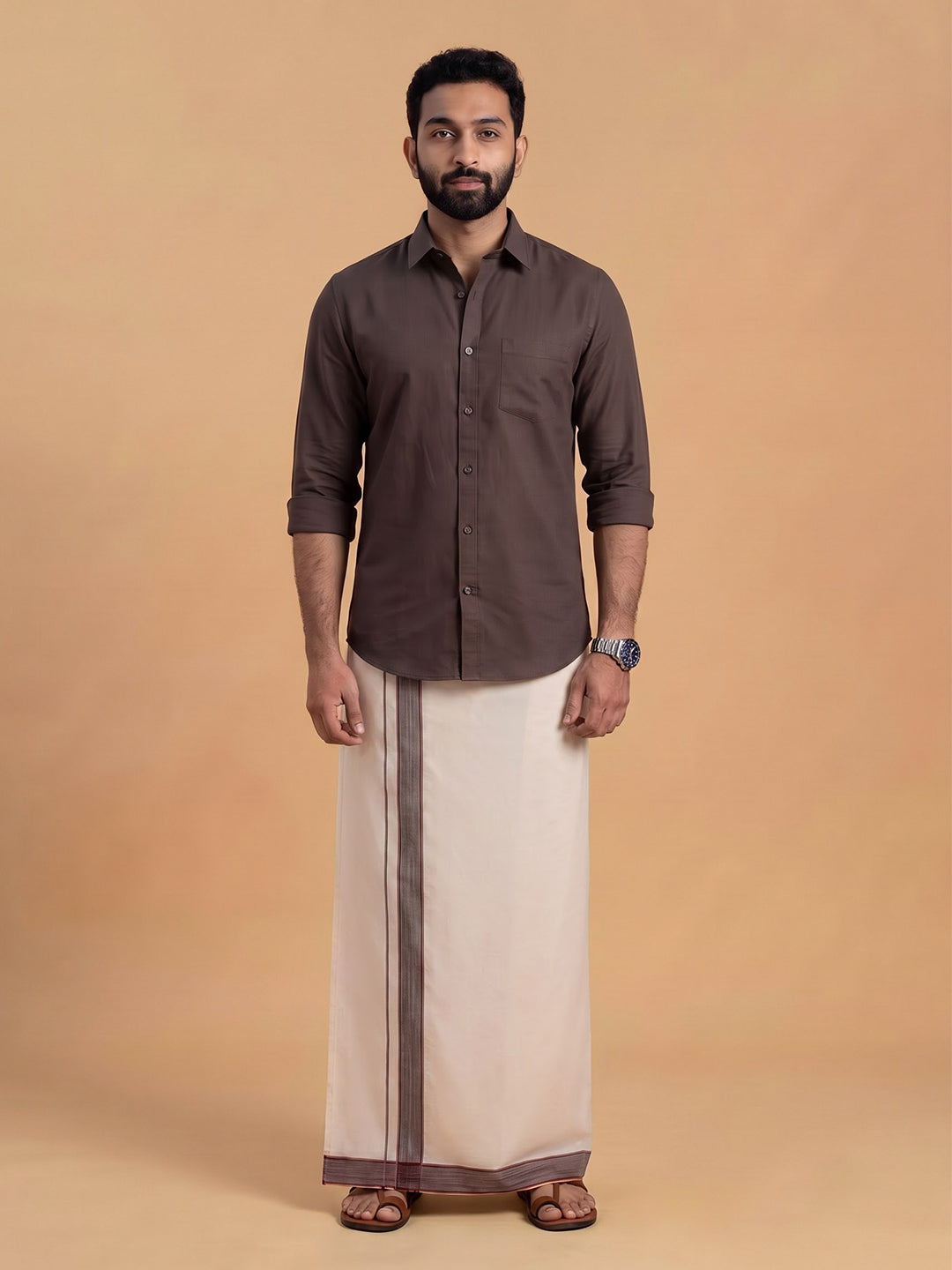 Double Layer 100% Cotton Cream Kora Dhoti with Colour Border -HJFD01