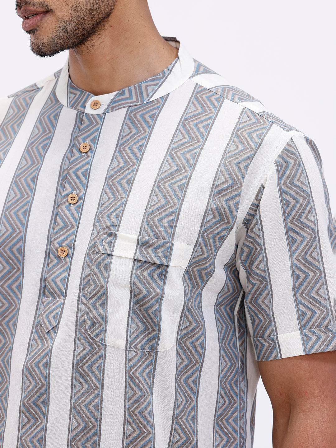 Men Cotton Short Length Printed Pocket Kurta LT Beige OF8