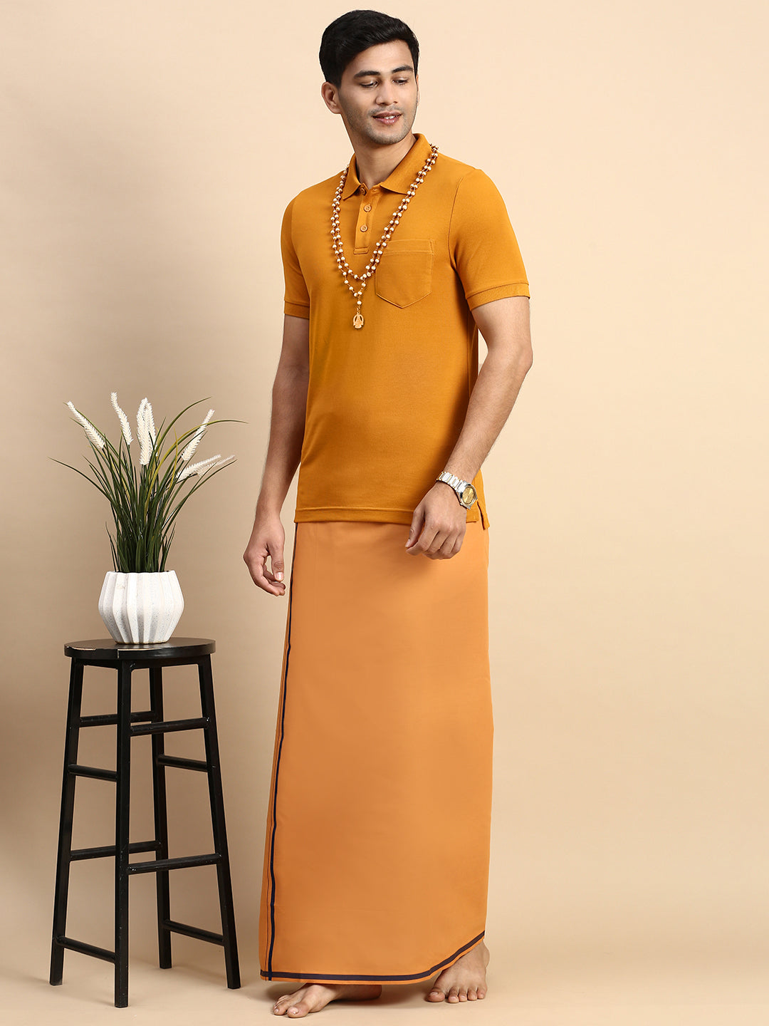 Men Devotional Big Border Dhoti & TShirt Set Kavi EP41