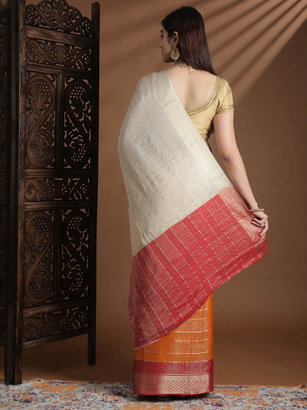 Women Semi Mysore Silk Saree Sandal with Orange SS398