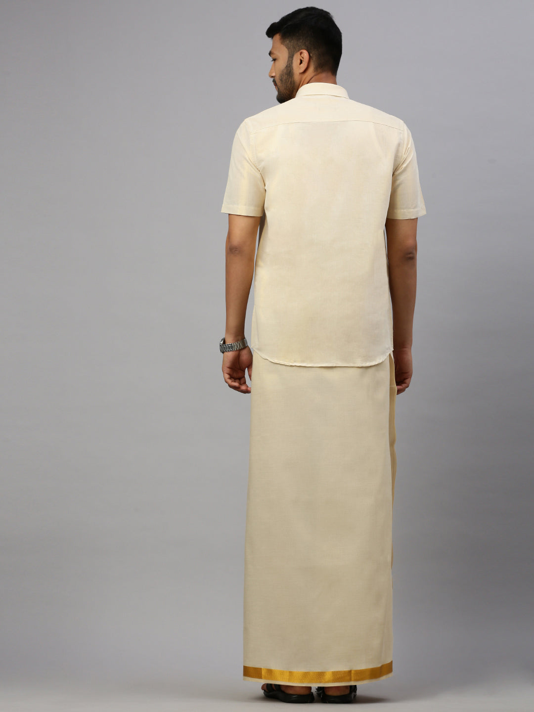 Men Double Layer Dhoti with Gold Jari Border Tissue Ideal Gold