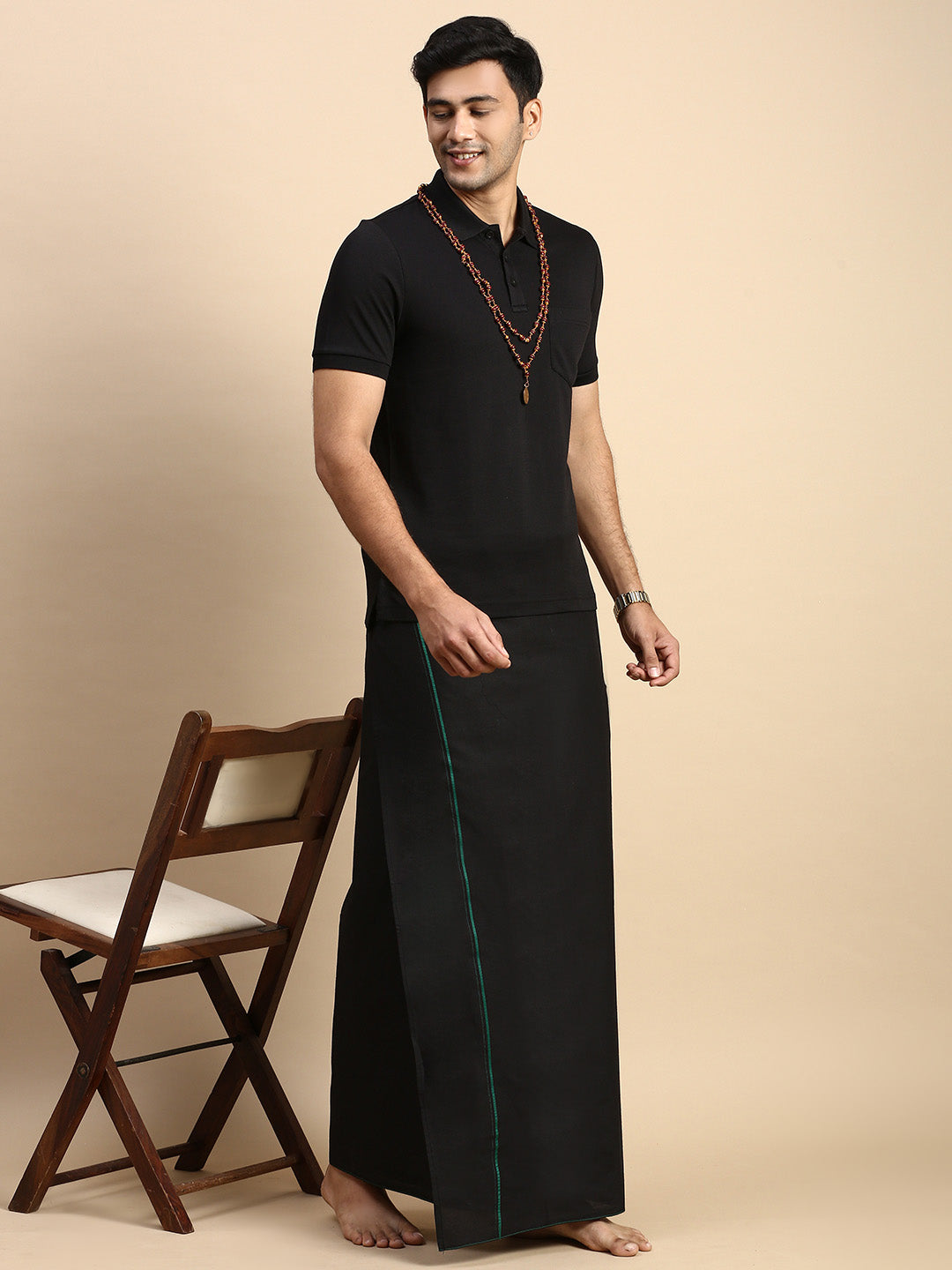 Men Devotional Small Border Dhoti & TShirt Set Black EPD14