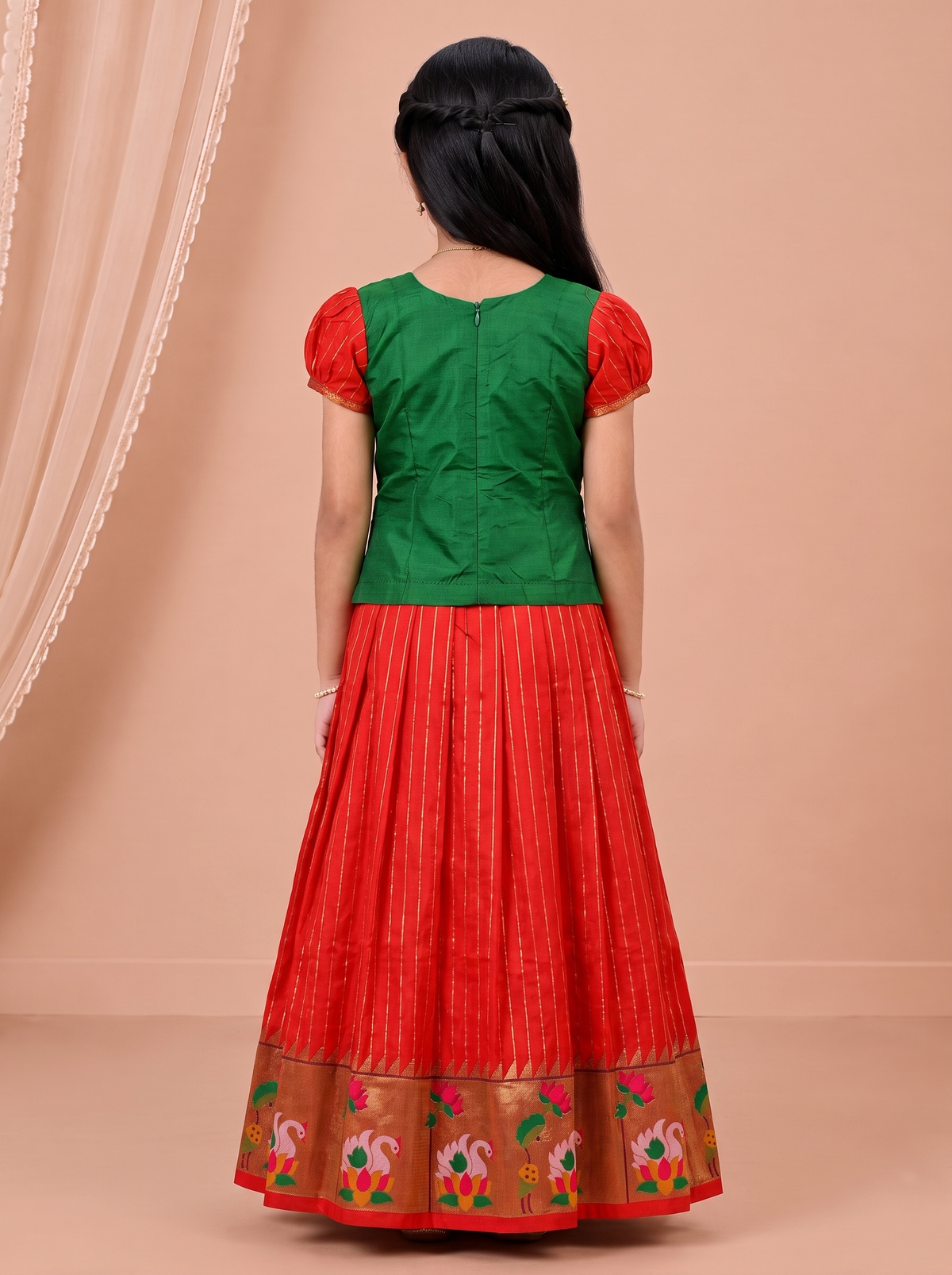 Girls Art Silk Green with Red Pattu Pavadai Set GPS71