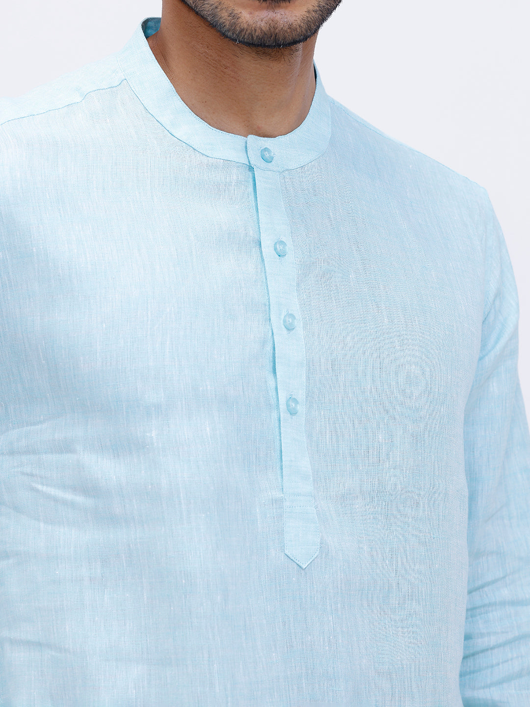 Men Pure Linen Medium Length Plain Pocket Kurta Light Mint Blue KAL4