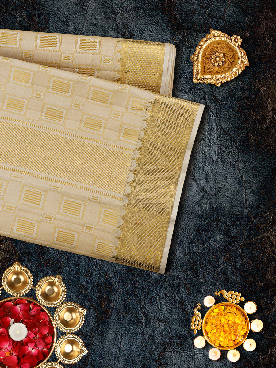 Mens Pure Silk Fawn 4" Gold Jari Border Dhoti with Towel Amirtham-View three