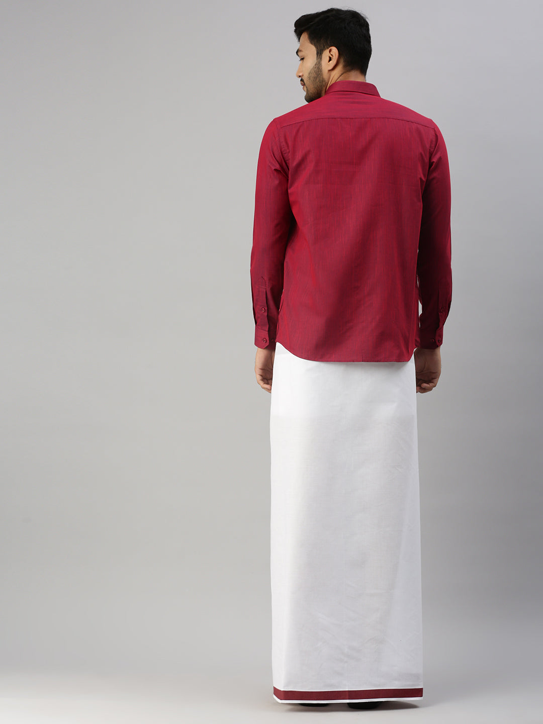 Matching Dhoti Shirt & Semi Linen Saree Couple Combo Purple-Back alternative view
