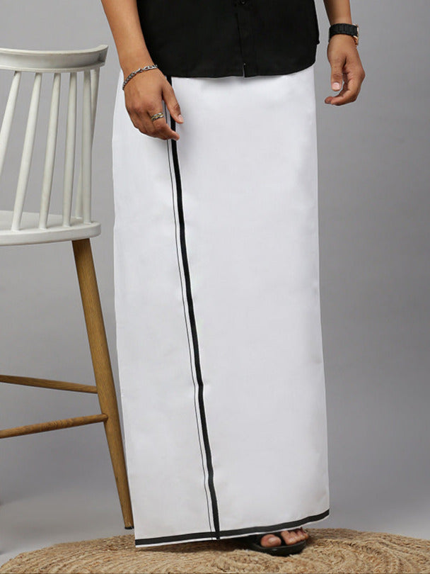 Men Cotton Blend Single Layer White Dhoti with Big Border TU01