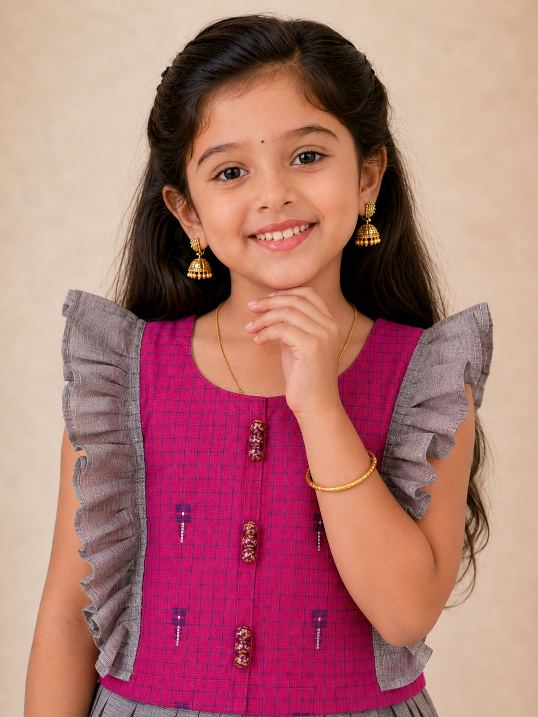 Girls Cotton Pink with Violet Pattu Pavadai Set GPS50