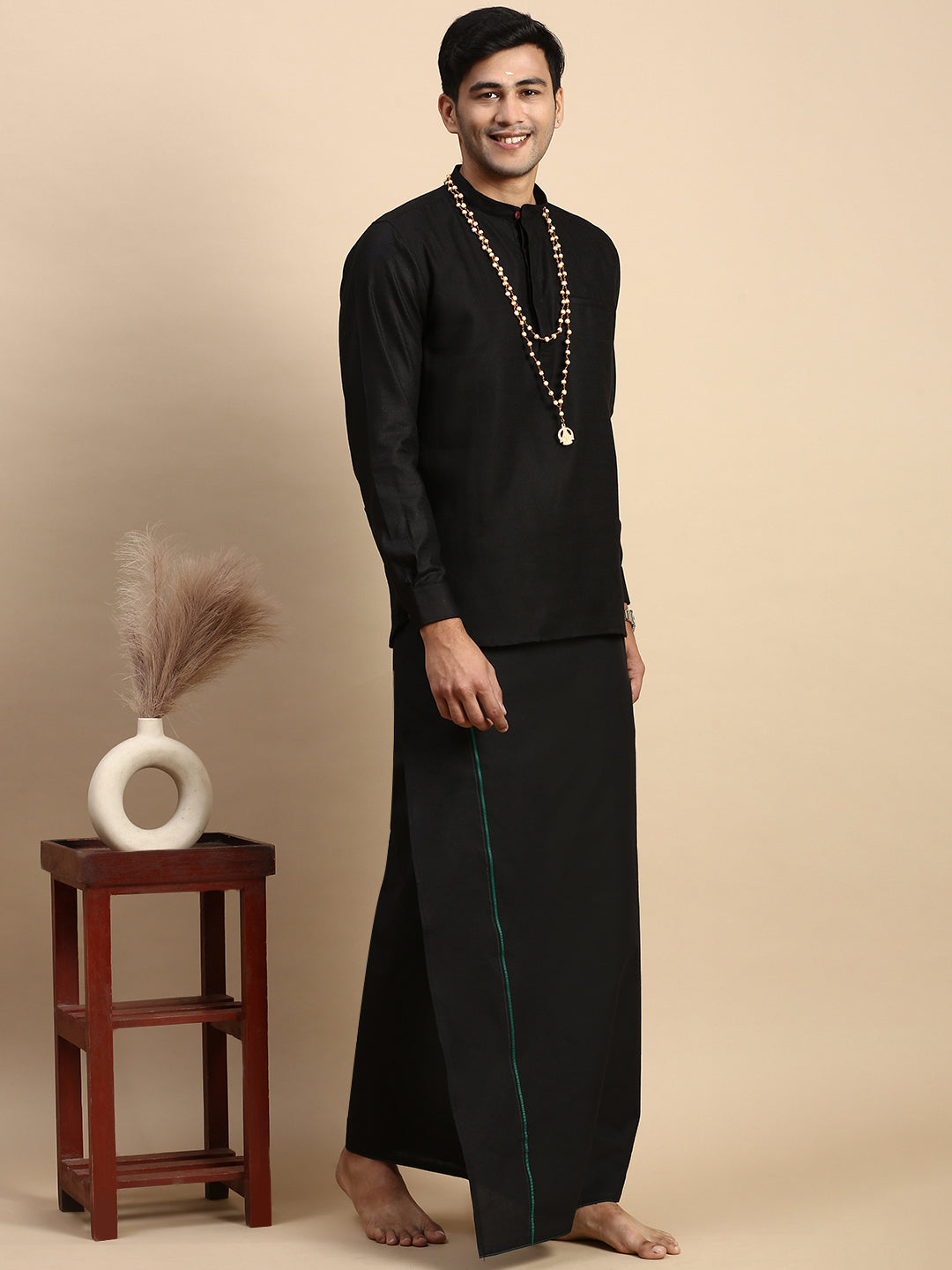 Men Devotional Small Border Dhoti & Kurta Set Black KP6