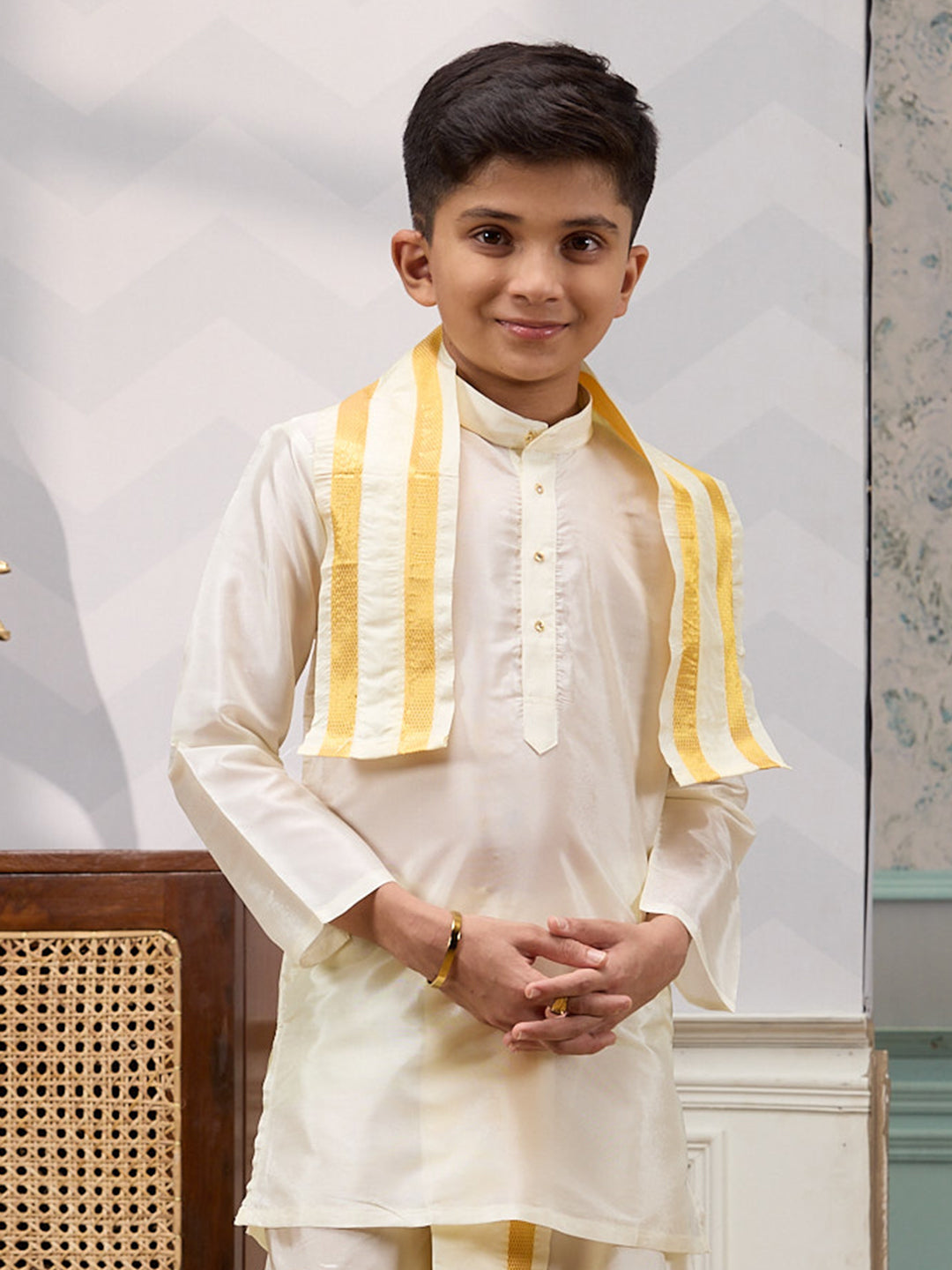 Boys Art Silk Cream Kurta Panchakacham & Towel Set
