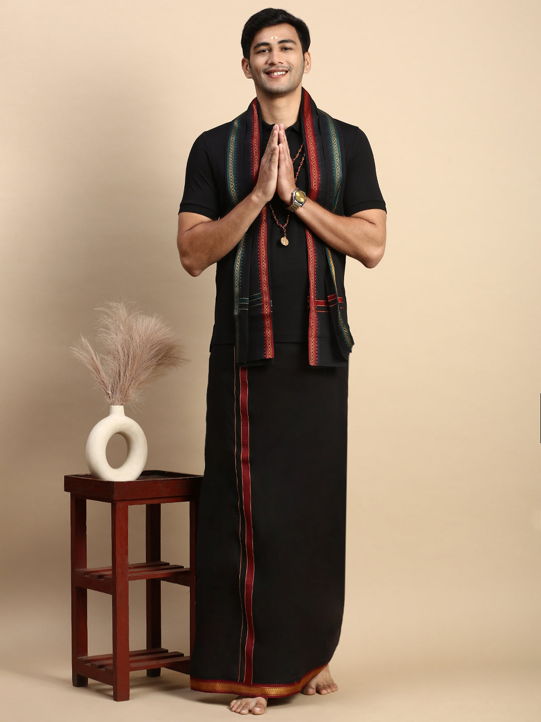 Men Devotional Mayilkhan Border Dhoti with Towel & TShirt Set Black EPD14