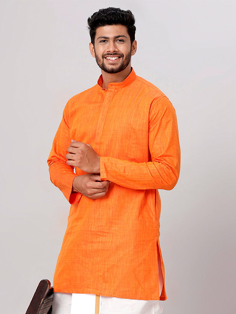 Mens Cotton Full Sleeves Orange Medium Length Pocket Kurta FS3