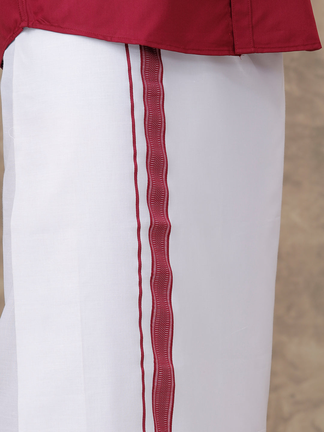 Men Dark Burgundy Shirt With Matching Border Dhoti Set Trendy