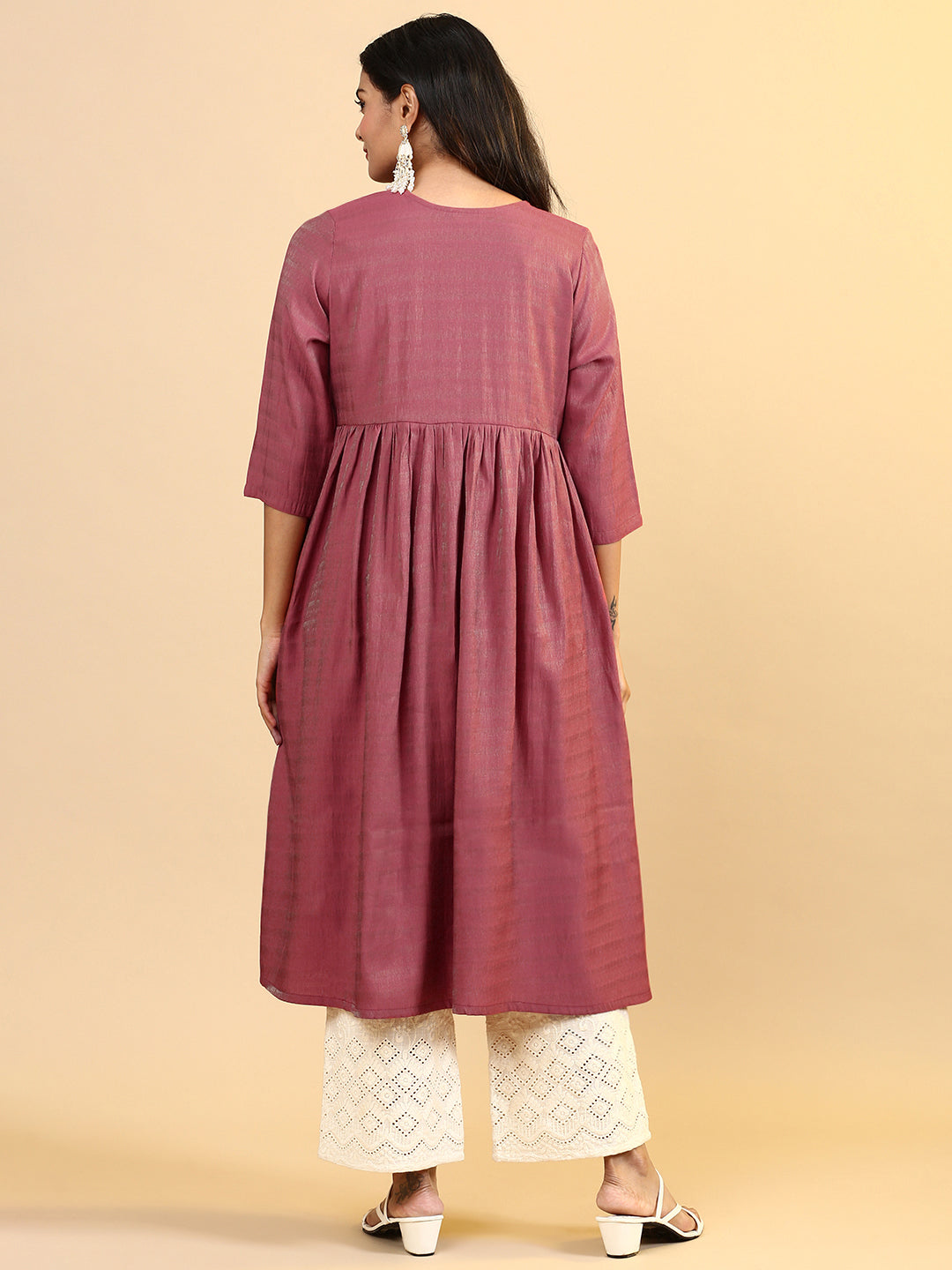 Women Cotton Embroidered Round Neck Kurti Maroon EKS14