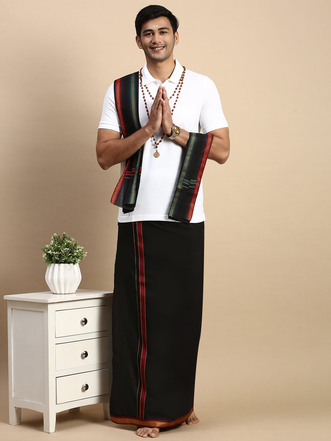 Men Devotional Mayilkhan Border Dhoti with Towel & TShirt Set Black EP1