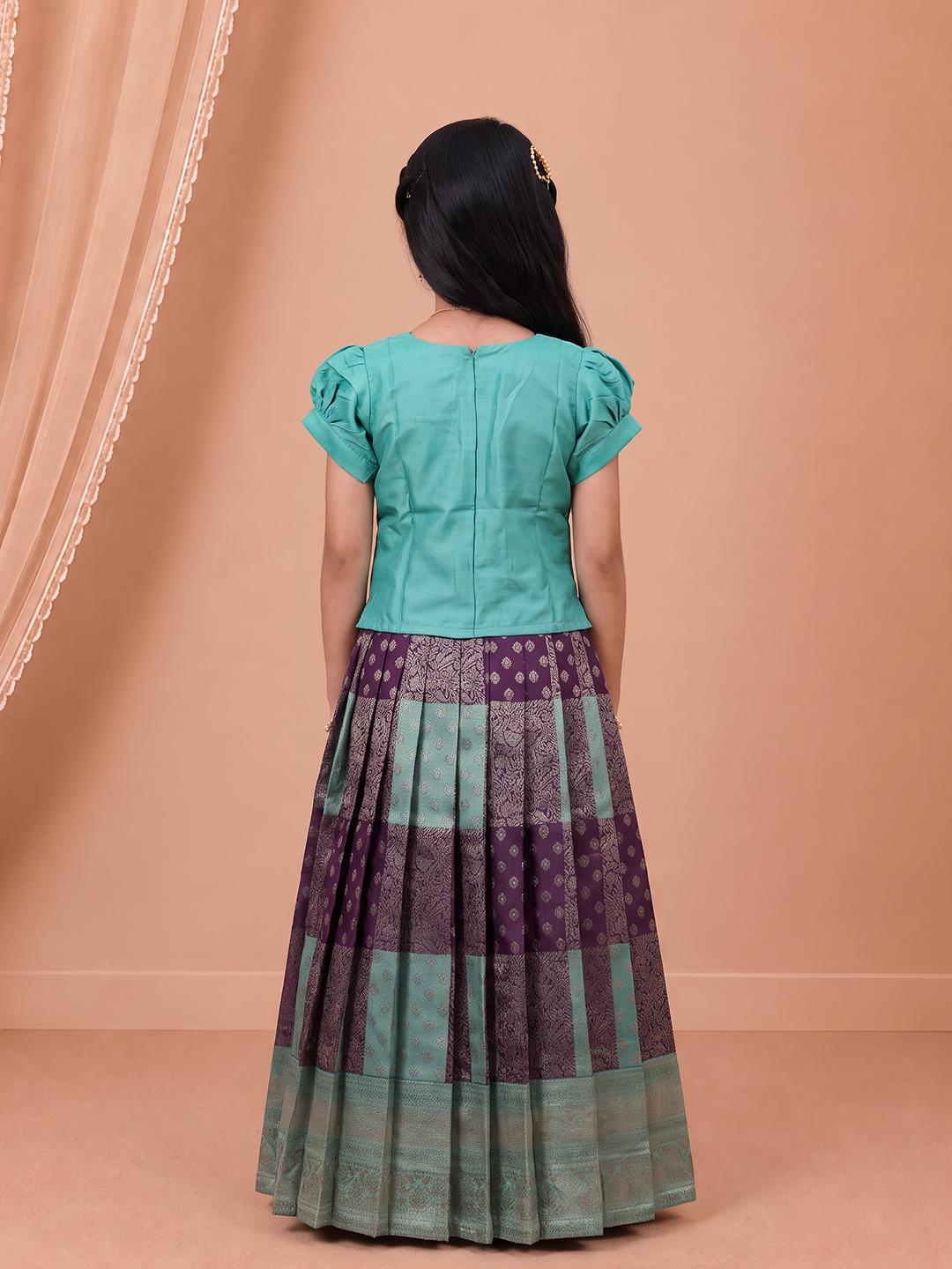 Girls Art Silk Turquoise Blue with Dark Violet Pattu Pavadai Set GPS83