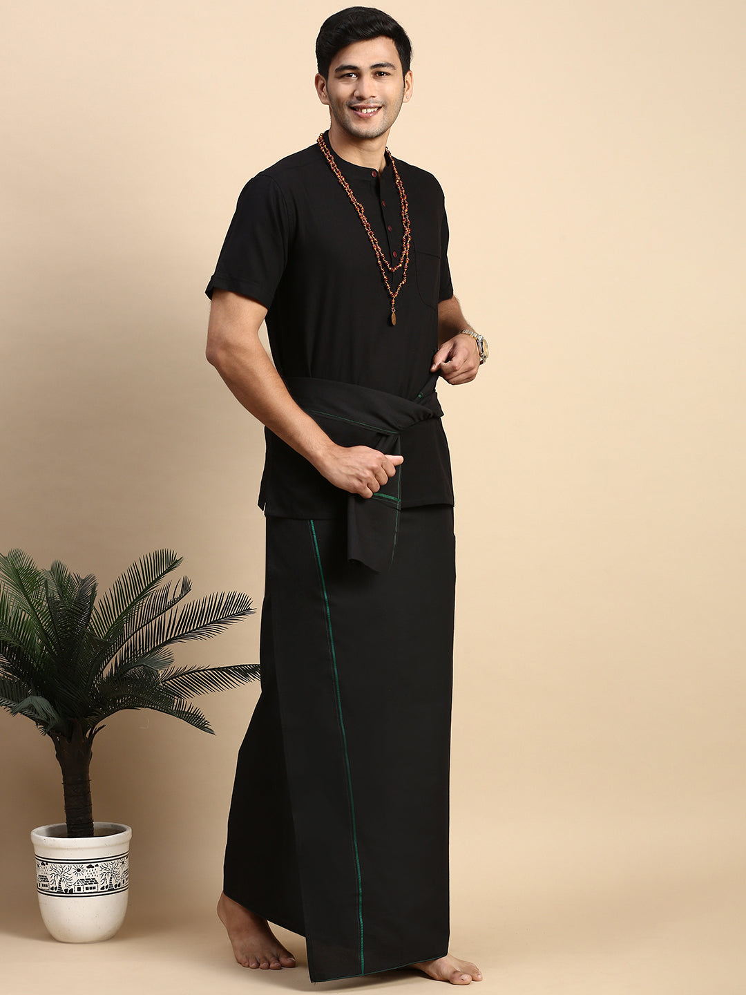 Men Devotional Small Border Dhoti with Towel & Kurta Set Black PB17