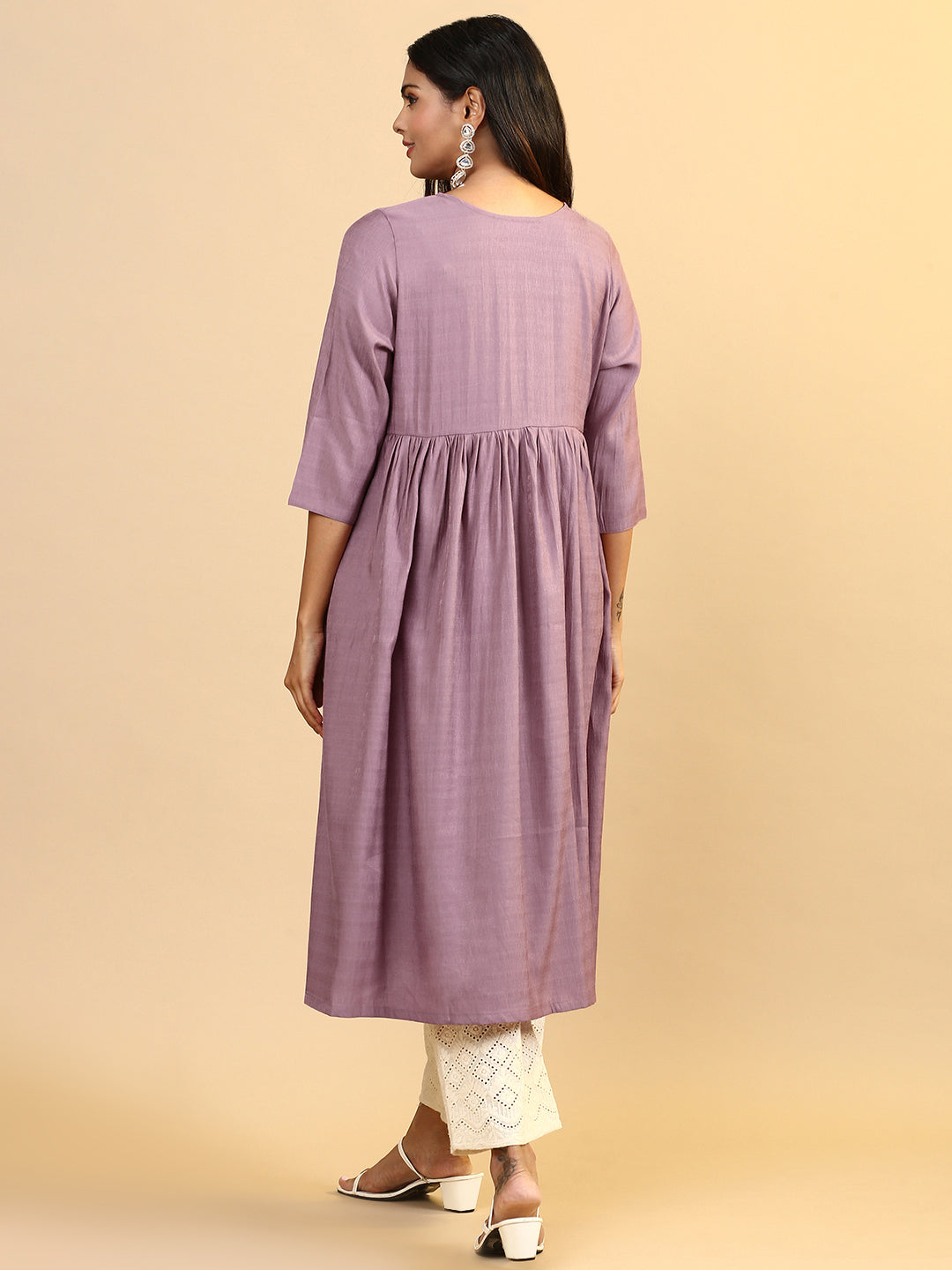 Women Cotton Embroidered Round Neck Kurti Purple EKS13