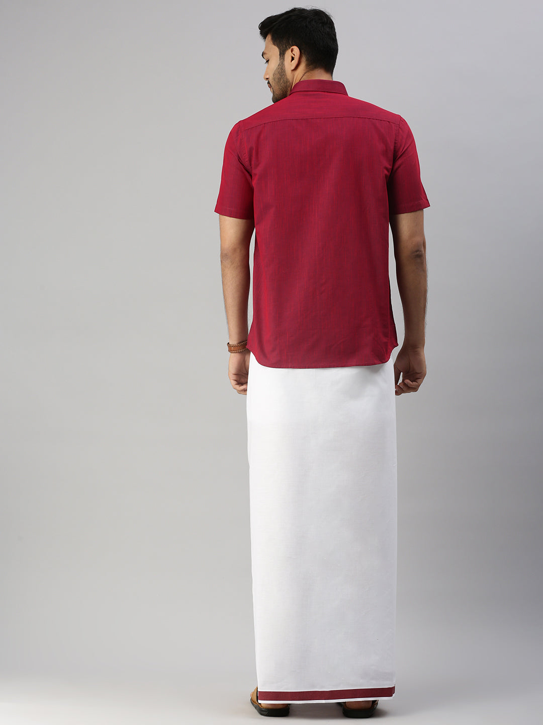 Matching Dhoti Shirt & Semi Linen Saree Couple Combo Purple-Back view