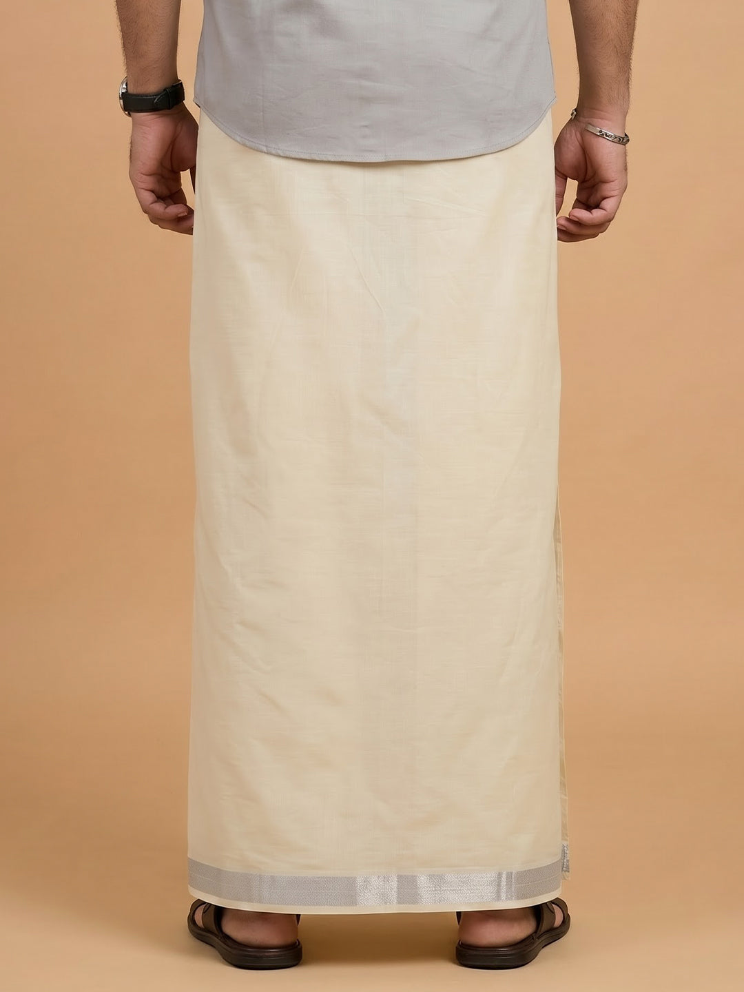 Double Layer 100% Cotton Cream Kora Dhoti with Silver Jari Border
