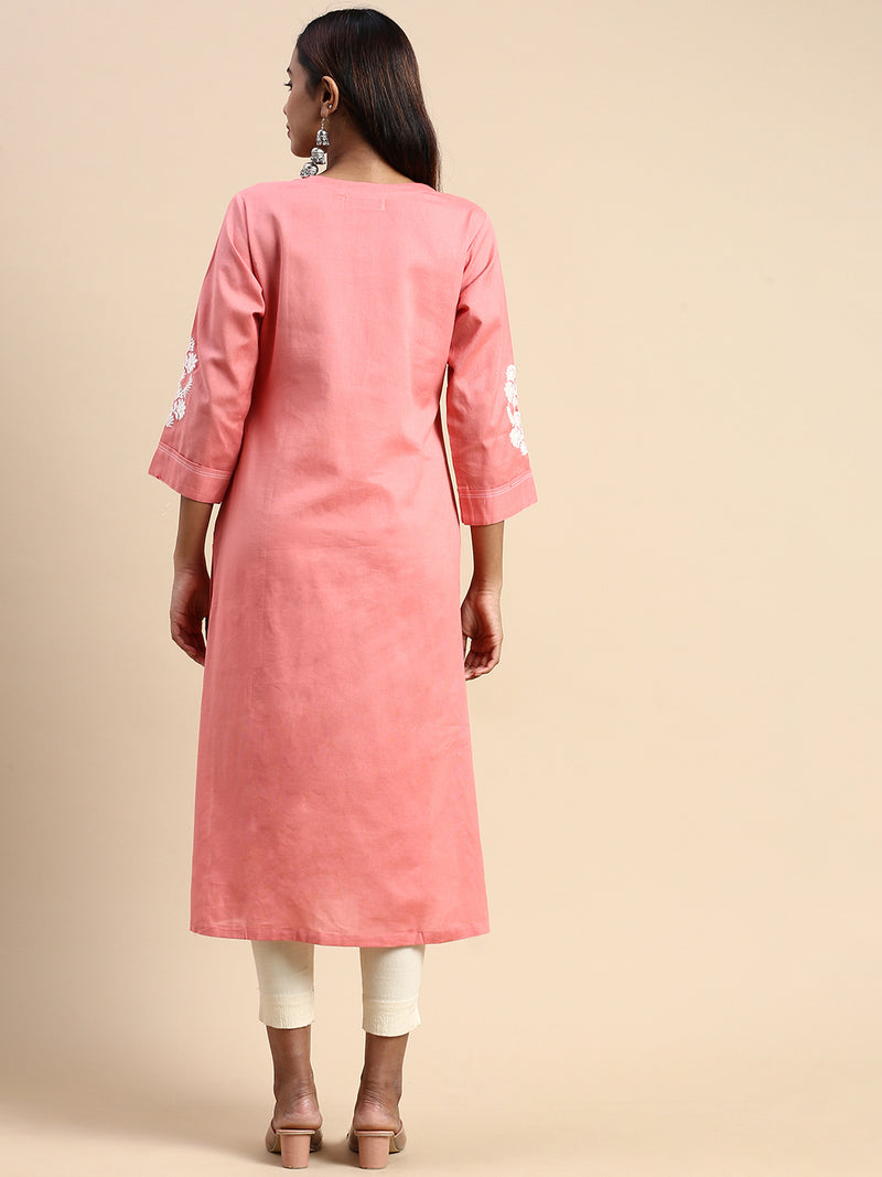 Women Cotton Embroidered Round Neck Straight Cut Pink Kurti EK33