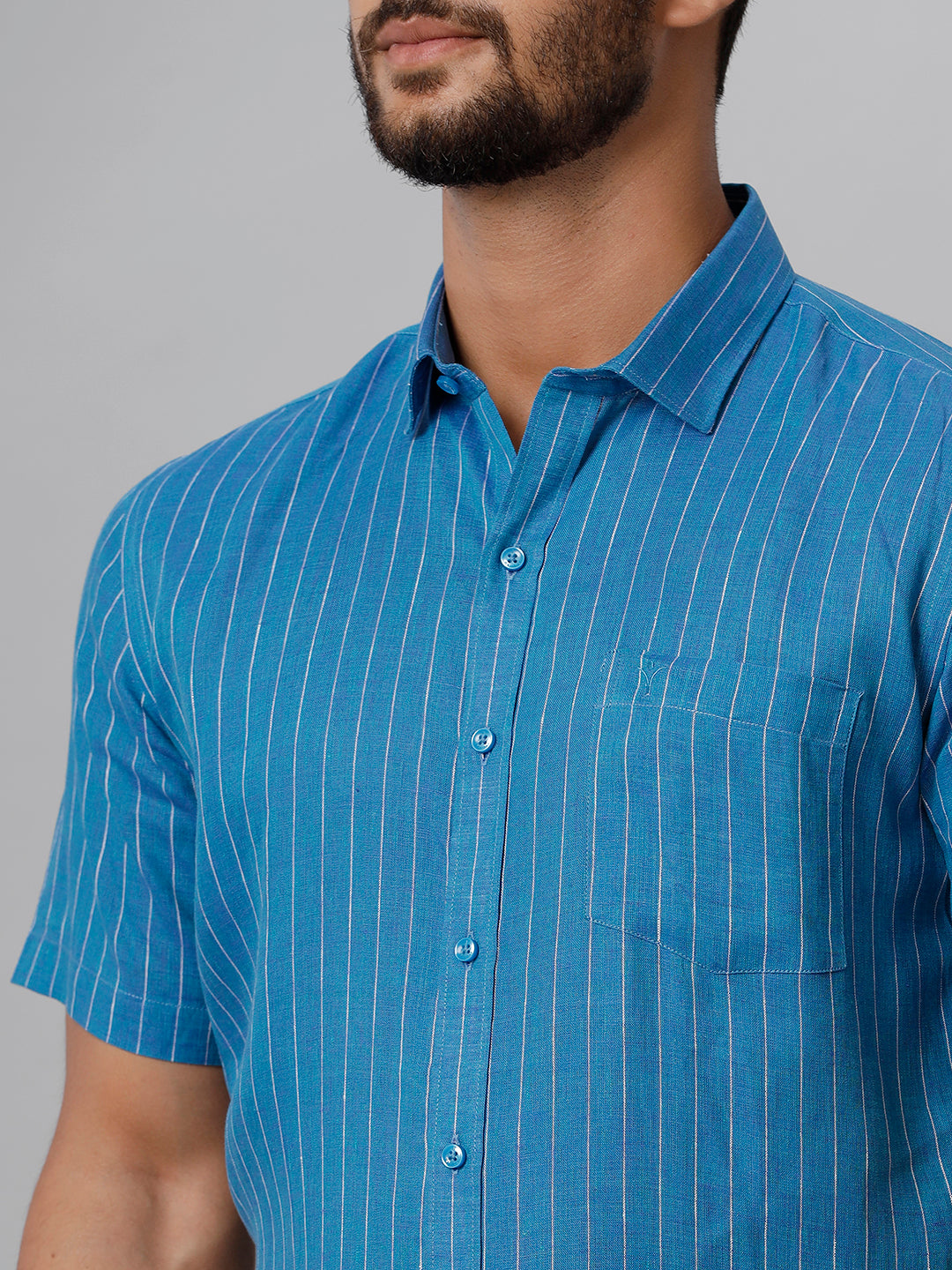 Mens Pure Linen Striped Half Sleeves Blue Shirt LS11-Zoom view