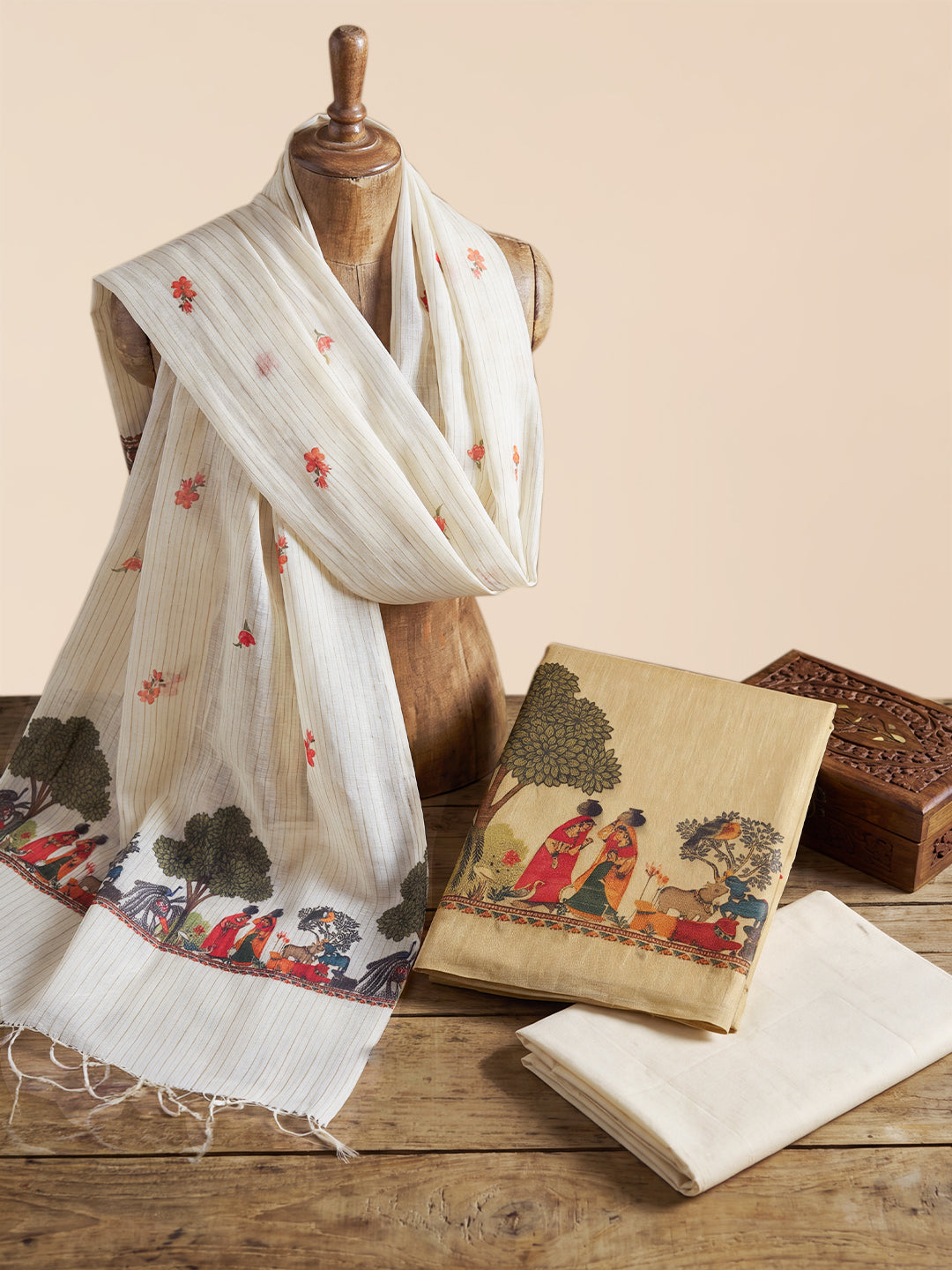 Women Kerala Style Cream Printed Cotton Dress Material DM365