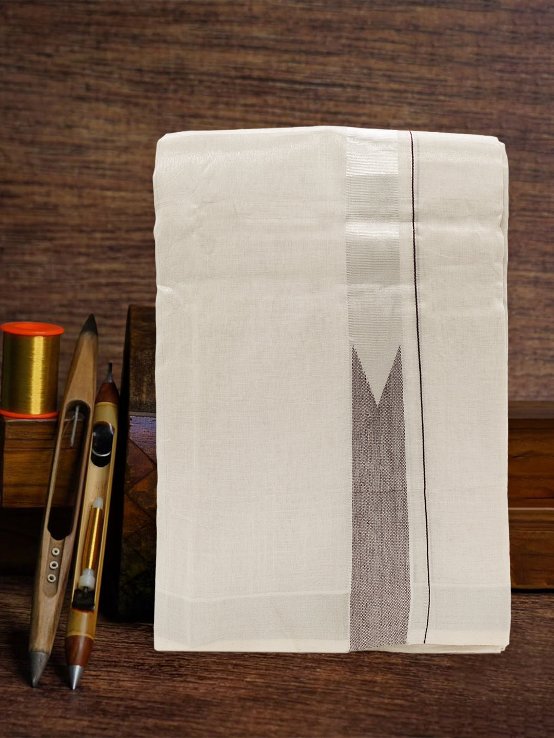 Men Premium Handloom Tissue Silver Dhoti with Fancy Jari Border HLM84