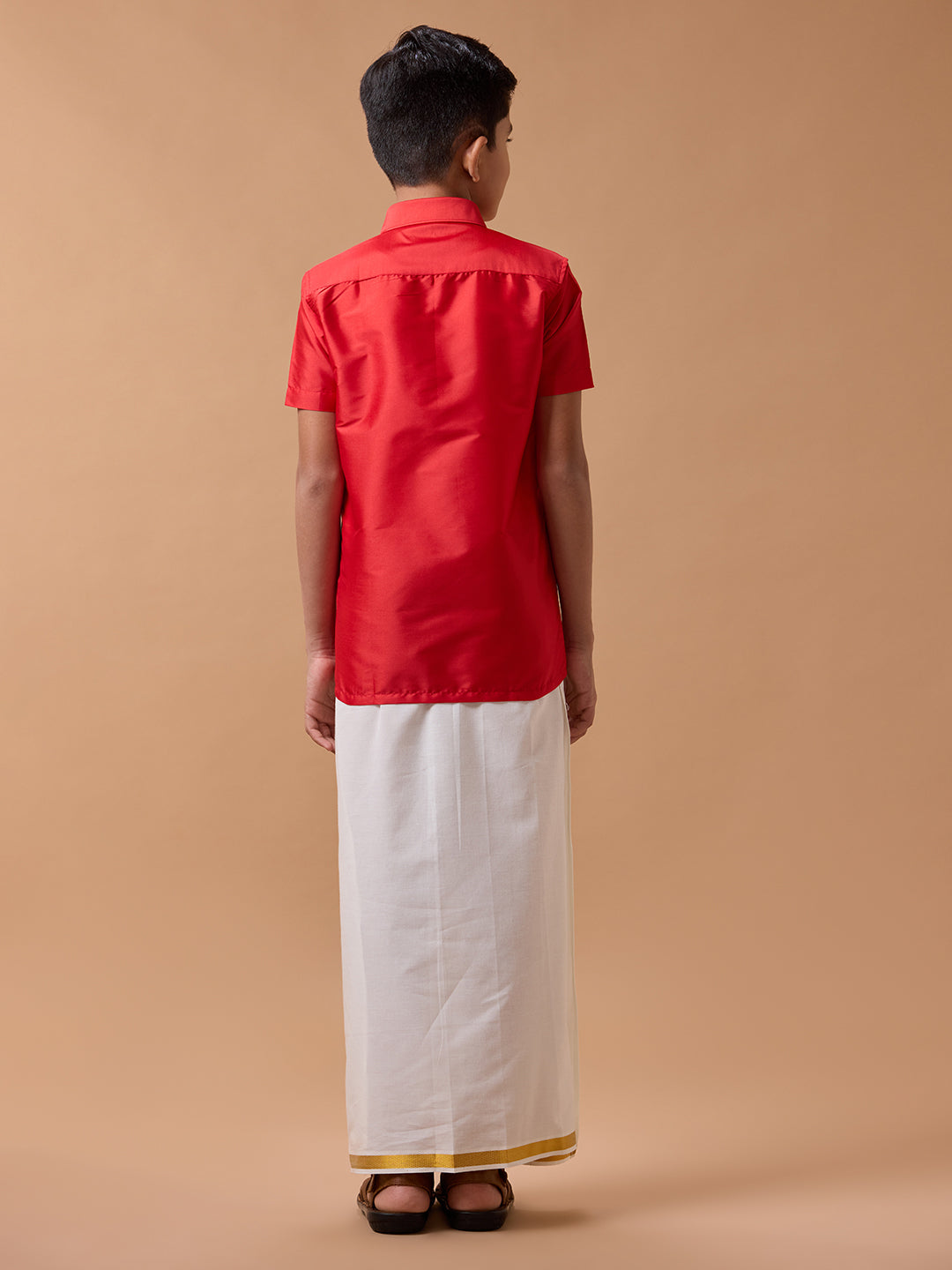 Boys Silk Cotton Shirt with Dhoti Set Cherry Red