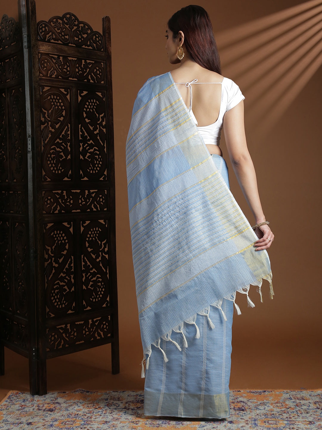 Women Blue Striped Cotton Jute Saree CJ09