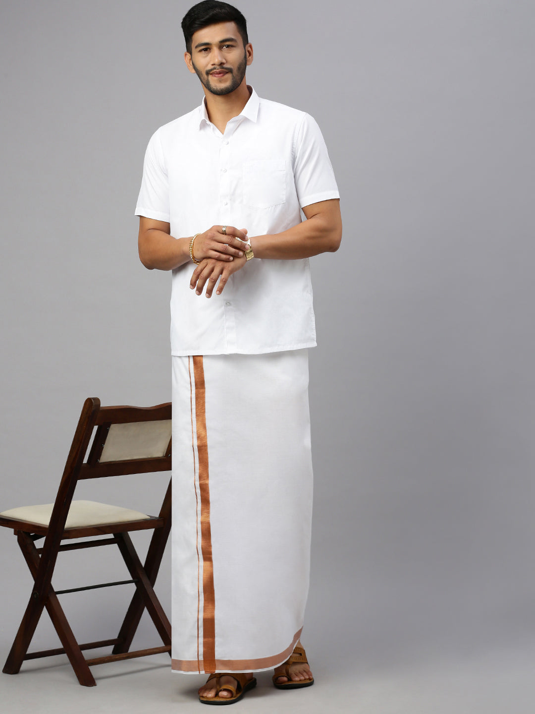 Men White 1 1/2'' Copper Jari Border Double Layer Dhoti Ribhu