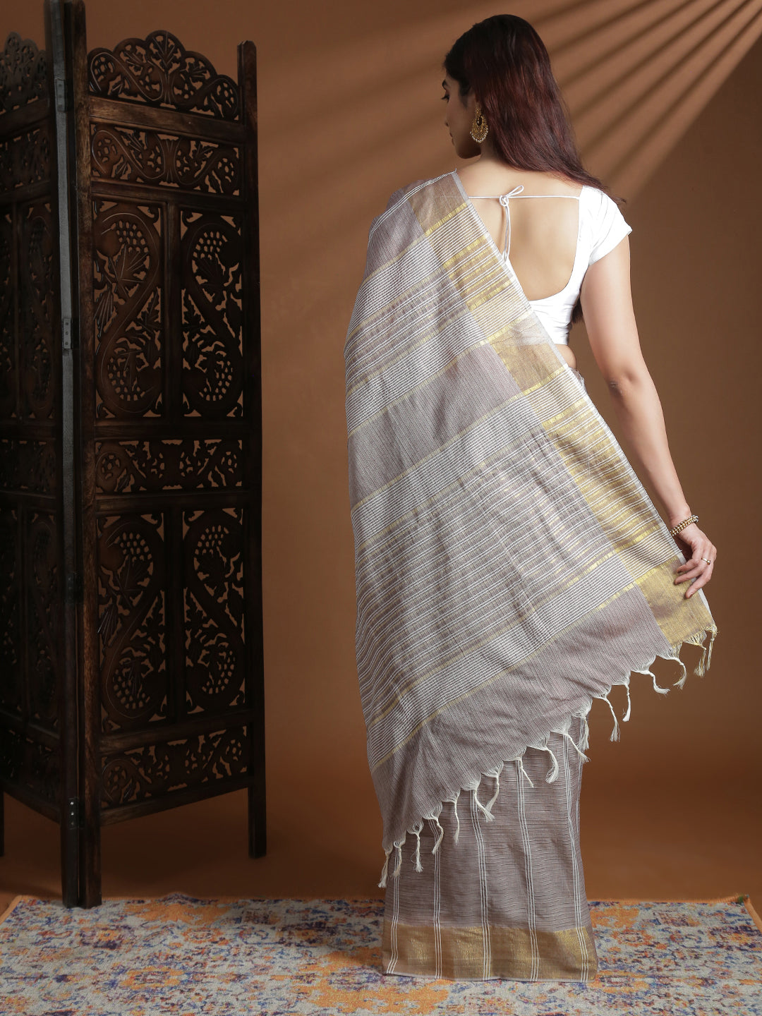 Women Light Brown Striped Cotton Jute Saree CJ12