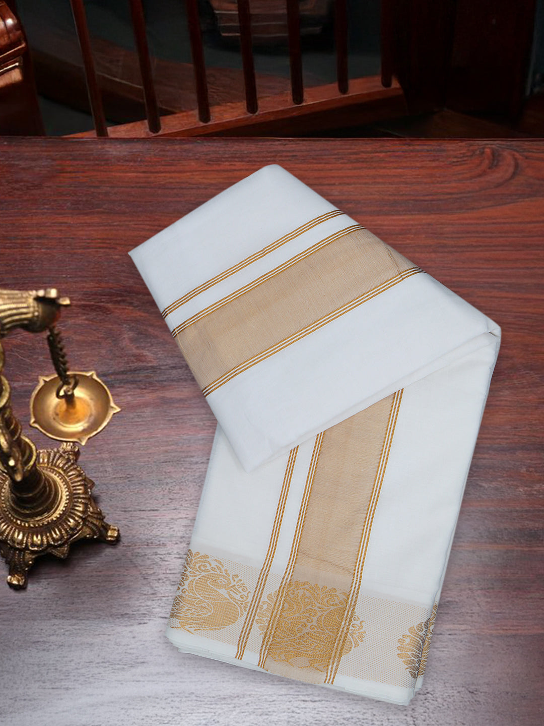 Men White Cotton Gold Fancy Jari Border Panchakacham with Angavasthram (9+5) Pet