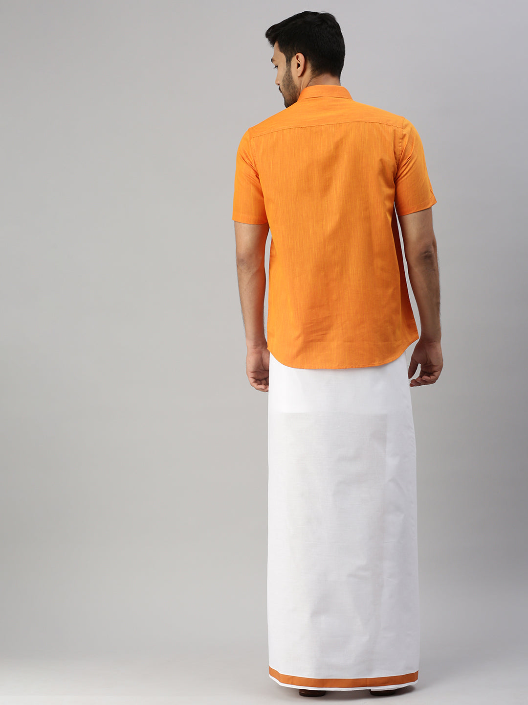 Mens Orange Matching Border Dhoti & Half Sleeves Shirt Set Evolution IC1-Back view